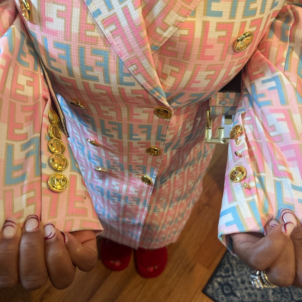 Fendi Pink and Blue Monogram Blazer with Gold Accents